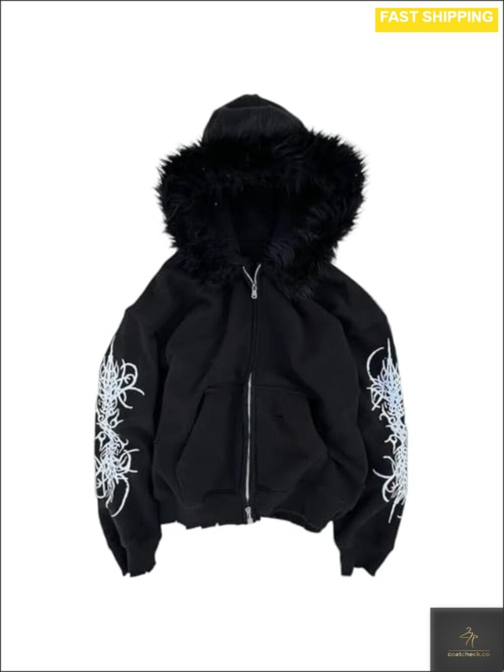 RICHTRUE Grunge Fur Hood Zip Up Hoodie Unisex Y2K Goth Emo Streetwear